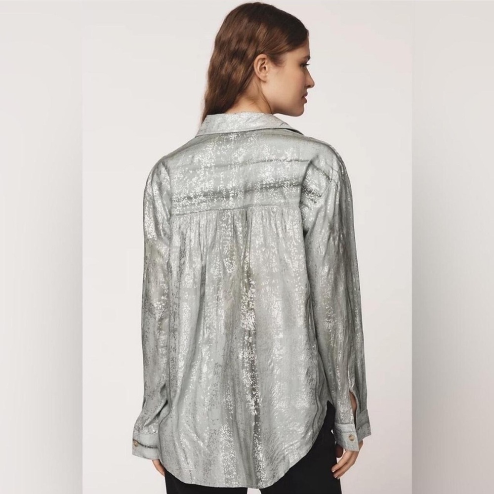 Anthropologie Pilcro Sage Green Foil Shine Button Down Shirt Top Size S - Picture 3 of 16